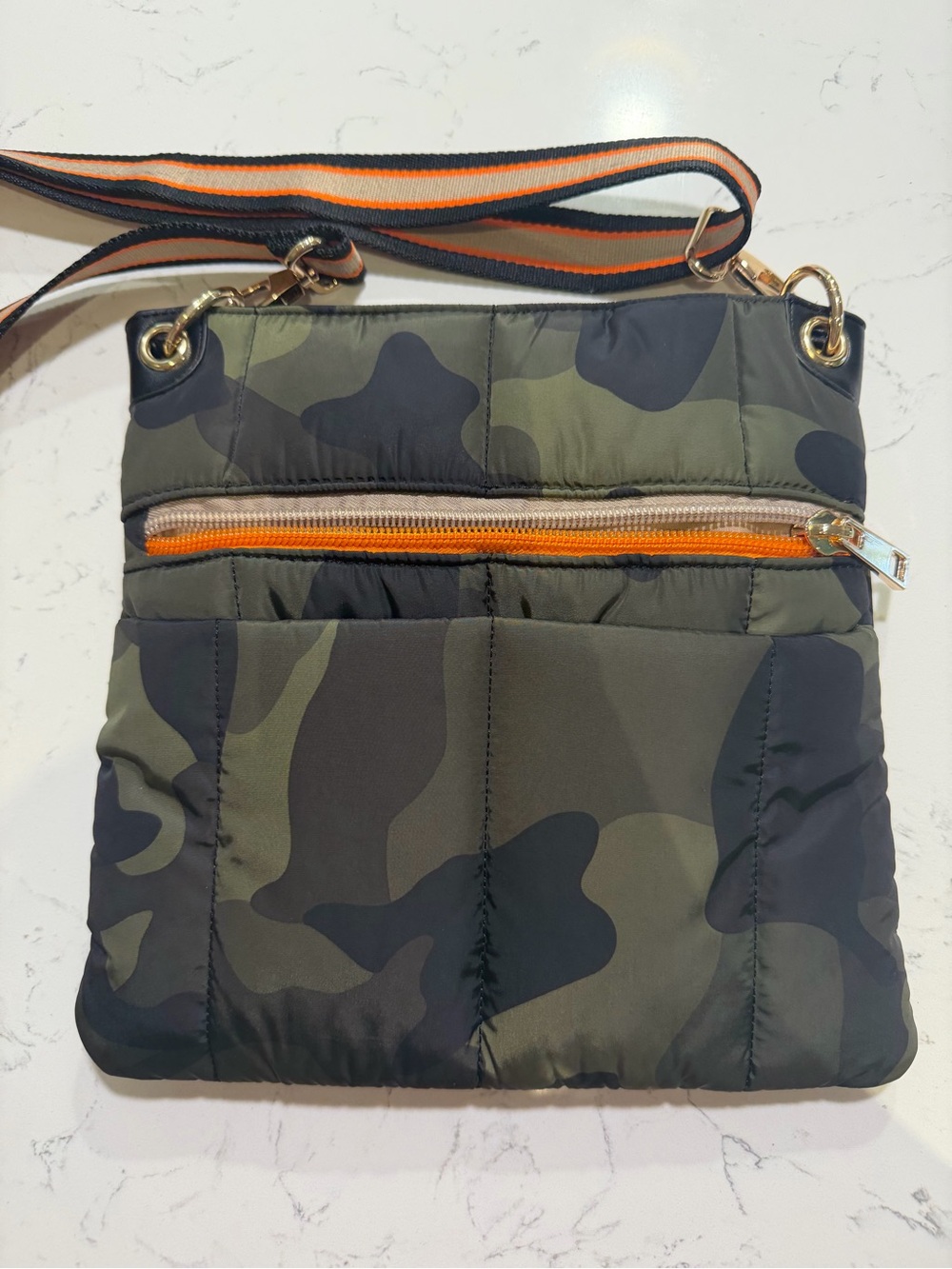 Chinese Laundry Camouflage Crossbody Bag with Orange Accent and Striped Strap